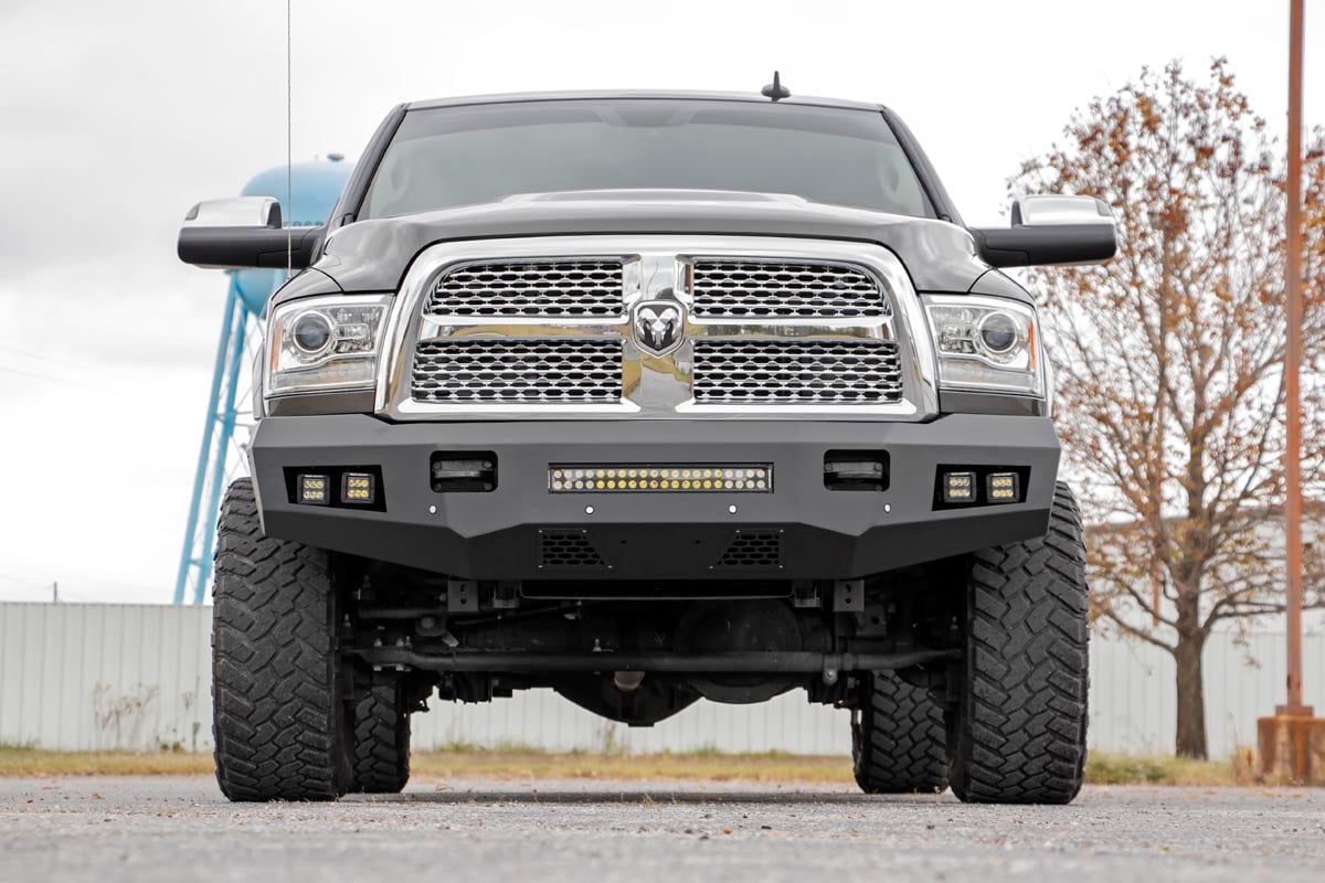 Ram 3500 Front Bumper - Rough Country - LED with 4 LED Cubes and 20in LED Light Bar - Flat Black - '11-'18